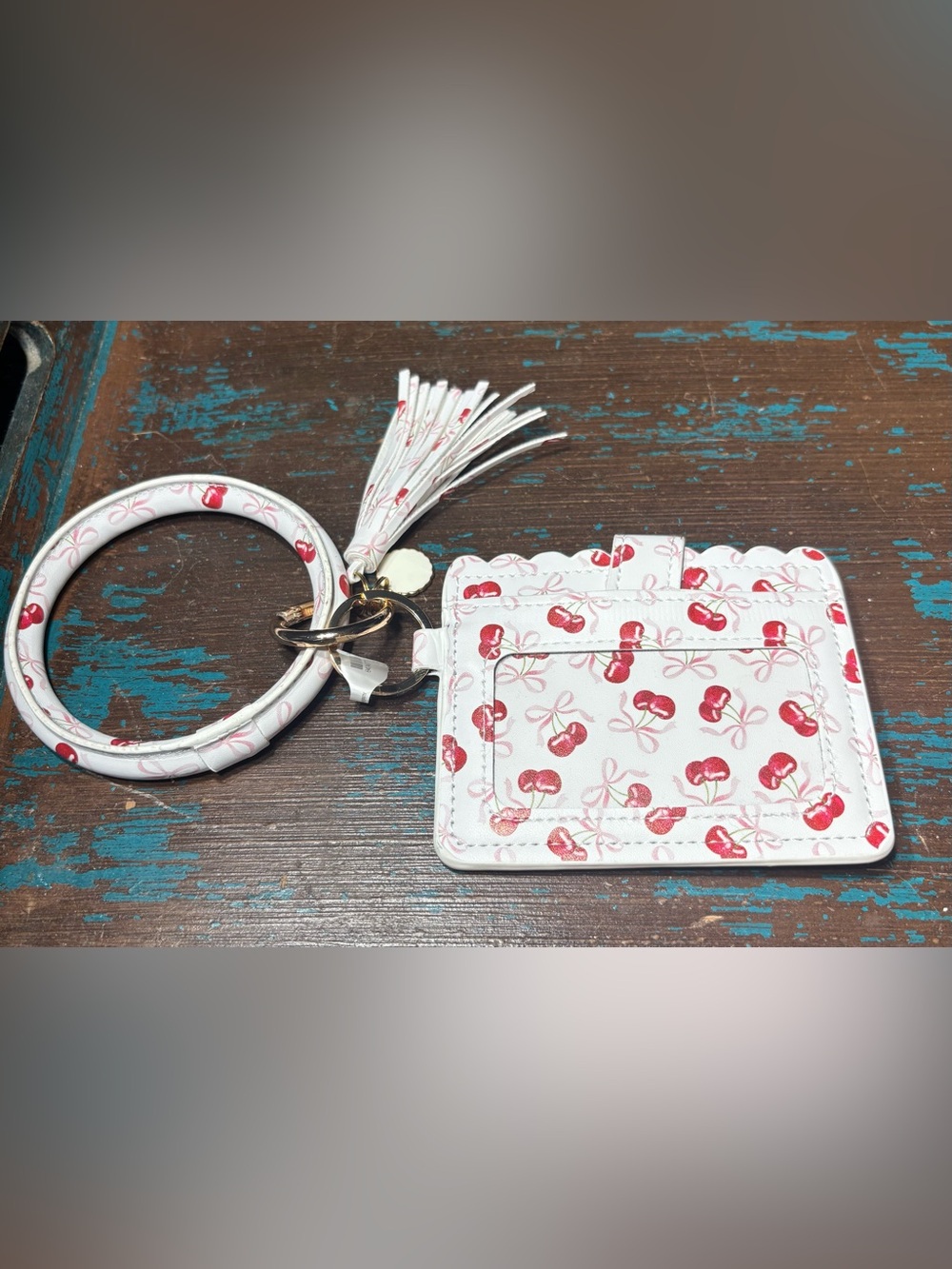 New Cherry Print Card Holder with Tassel - White and Red